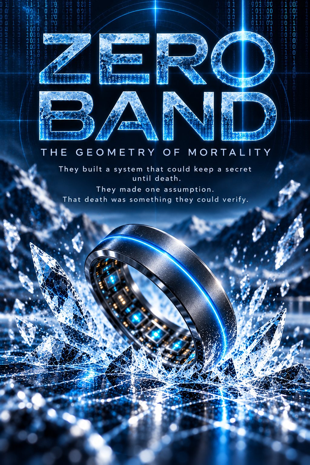 ZERO BAND: The Geometry of Mortality. Cover art: a dark metal ring with a glowing blue seam, circuitry inside, bursting from shattered ice. Tagline: They built a system that could keep a secret until death. They made one assumption. That death was something they could verify.